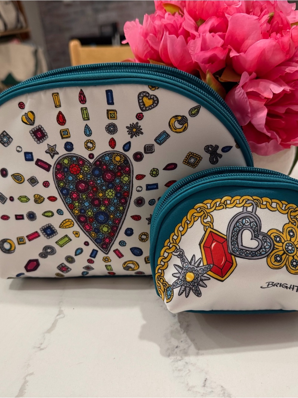 Brighton White and Teal Heart Print Cosmetic Pouch Set